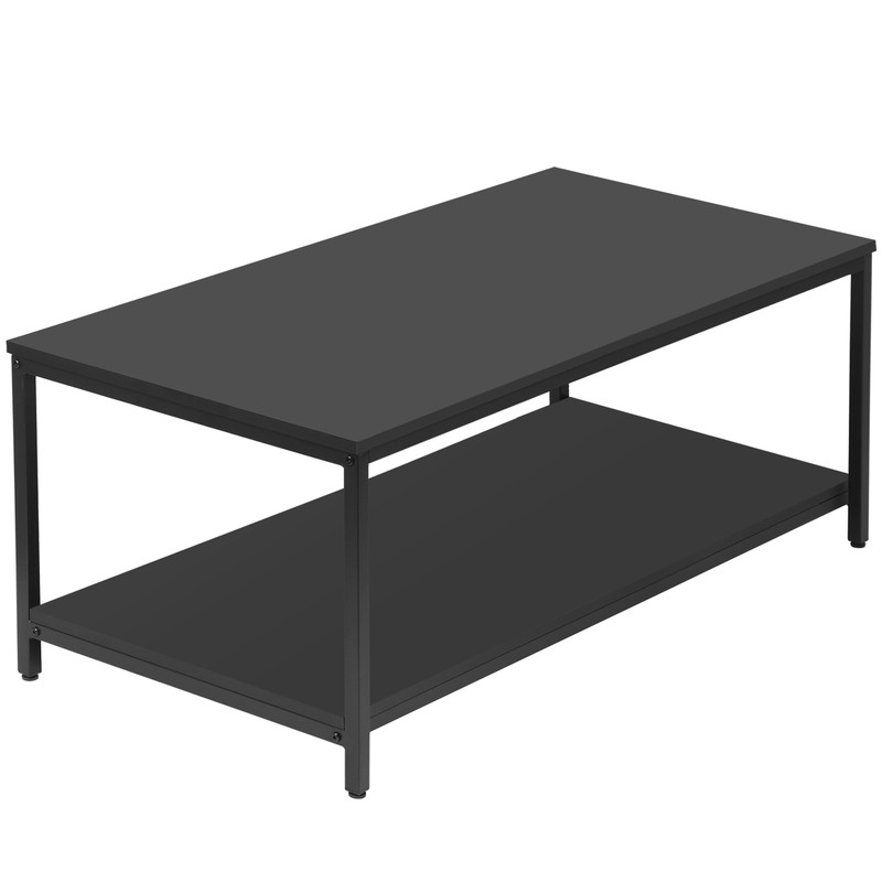 Black Coffee Table 2-Tier Rectangle Industrial Wood Coffee Table w/Storage Shelf