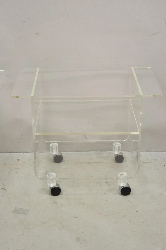 Vintage Clear Lucite Acrylic Mid Century Modern Rolling Side Tables - a Pair gallery