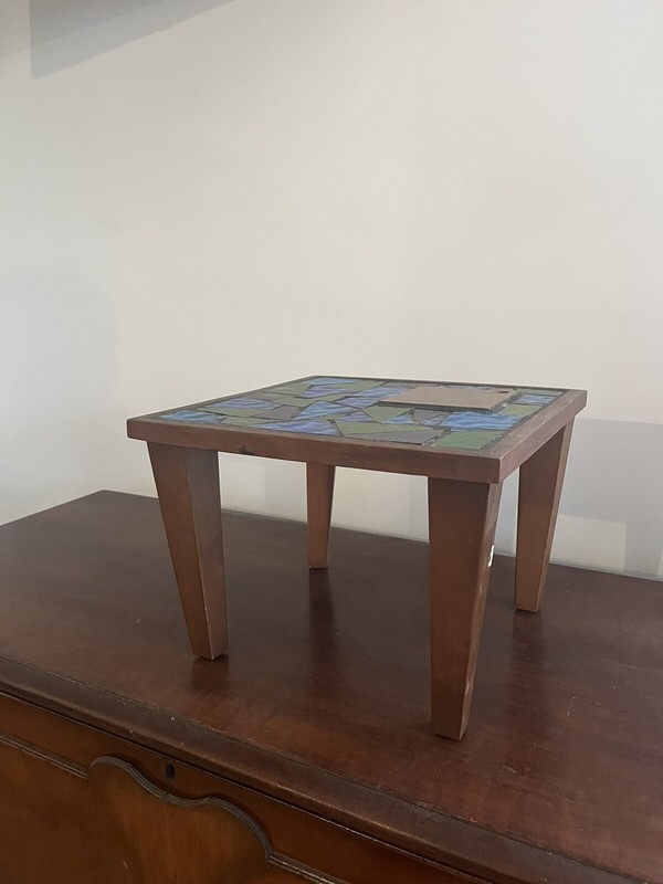 Vintage Green & Blue Glass Mosaic Plant Table. Legs 8” Tall. Table top 12” x 12” gallery