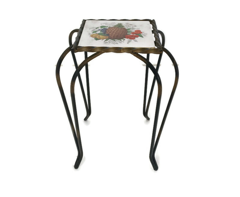 Vintage Side Table Plant stand Ceramic Tile MettlachGermany Funky Wrought Iron