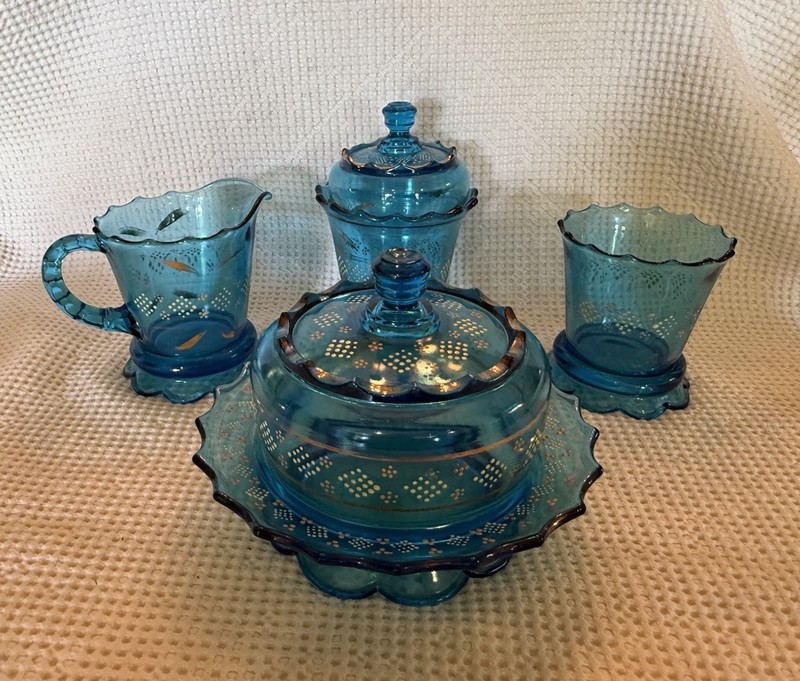 VTG Hand Painted Turquoise blue glass table set Butter, Cream, Sugar, Candy Dish