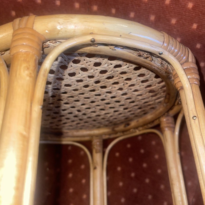 Vintage MCM Round Rattan Wicker Bamboo Cane Side Table Plant Stand Stool 10” gallery