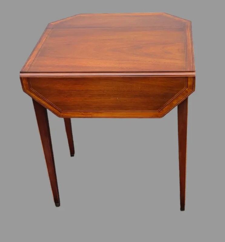 Antique Sheraton Mahogany One Drawer Pencil Inlay Drop Leaf Side Table 27'' High gallery