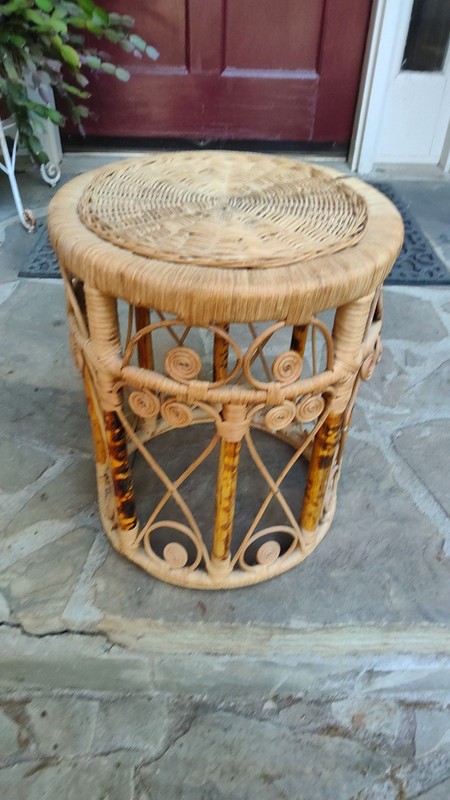 VTG MCM Round Rattan Wicker Bamboo Side Table/Plant Stand/Stool 16" x12" gallery