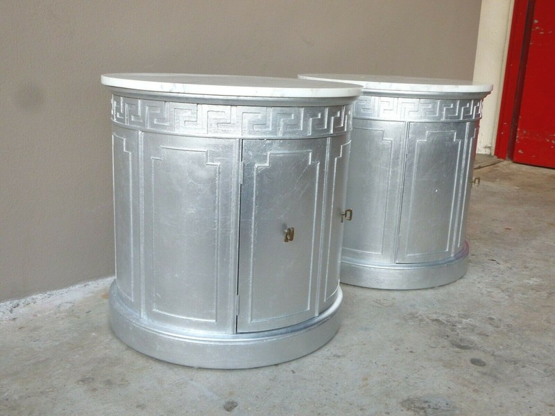 PAIR MID CENTURY HOLLYWOOD REGENCY MARBLE TOP SILVER LEAF GREEK KEY DRUM TABLES gallery