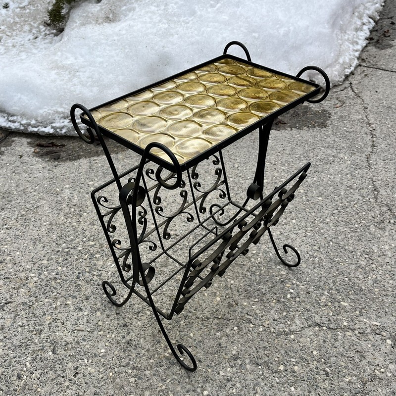 Vintage Black Wrought Iron Amber Glass MidCentury Accent Side Table Retro MCM 20 gallery