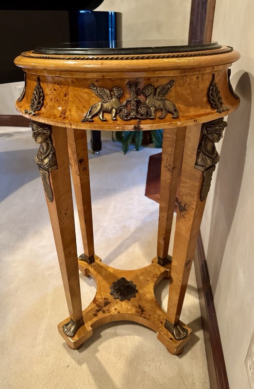 French Empire Style Burl Wood Side Table With Black Marble Top, Egyptian Ormolu gallery