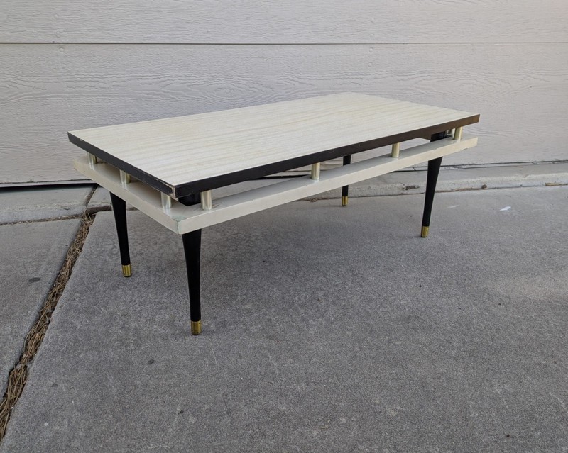 Vintage Mid Century Modern Atomic Formica Coffee Table Wood Brass Tapered Legs