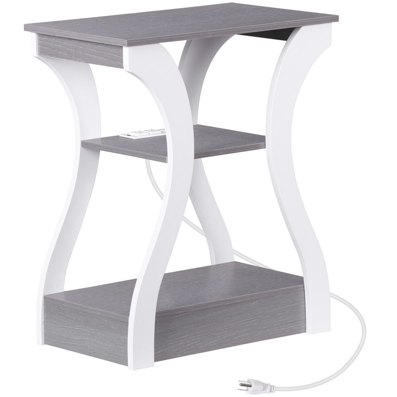 Side End Table Nightstand for Bedroom with Charging Station & 3 Shelf Grey+White