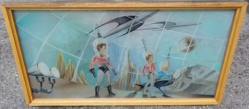 Large Vtg Heavy Reverse Painting Glass Window Lotus Swinging Children Boat Fish gallery