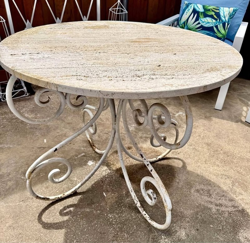 Vintage iron & stone round table travertine