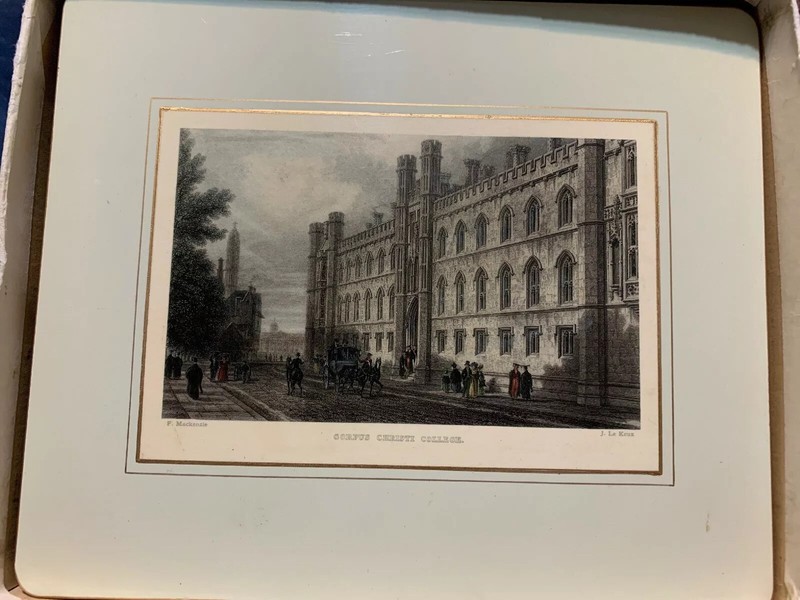antique tea tray-Corpus Cristi College,1800s postcard by F. Mackenzie/J. Le Keux gallery