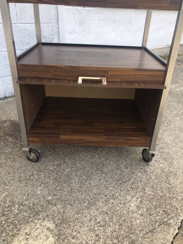 MCM Gusdorf Industrial Side/End Table Wood Laminate and Chrome 1970’s gallery