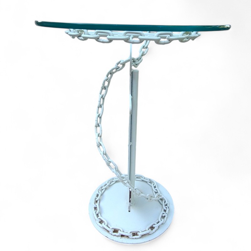 Vintage Wrought Iron Anchor & Chain Side Table Glass Top Lake House Yacht White gallery
