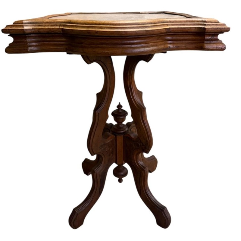 Victorian Walnut Turtle Top Lamp Table – Rose Marble with Burl Accents #22534 gallery