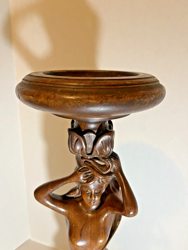 Art Nouveau Deco Figural Woman Wood Carved Pedestal Ashtray Smoking Plant Stand gallery