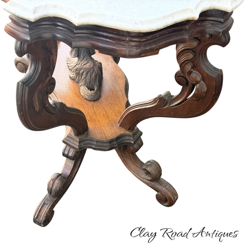 antique Victorian Marble Top Parlor Table Carved Dog Turtle 1870 gallery