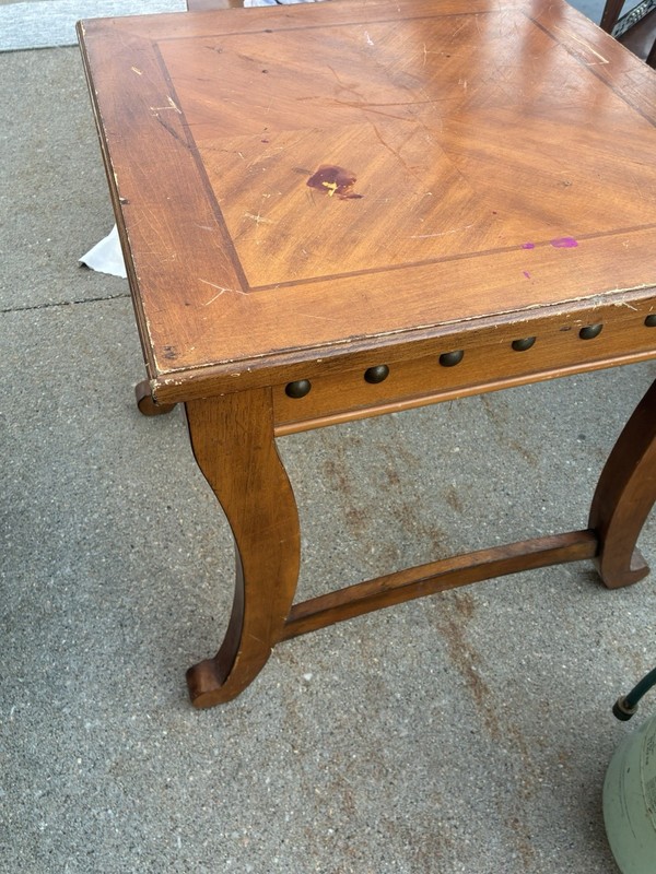 Antique Wood Side Table, Square, Brass Studs, Brown, 25"H x 25"W x 25"L, Indoor gallery