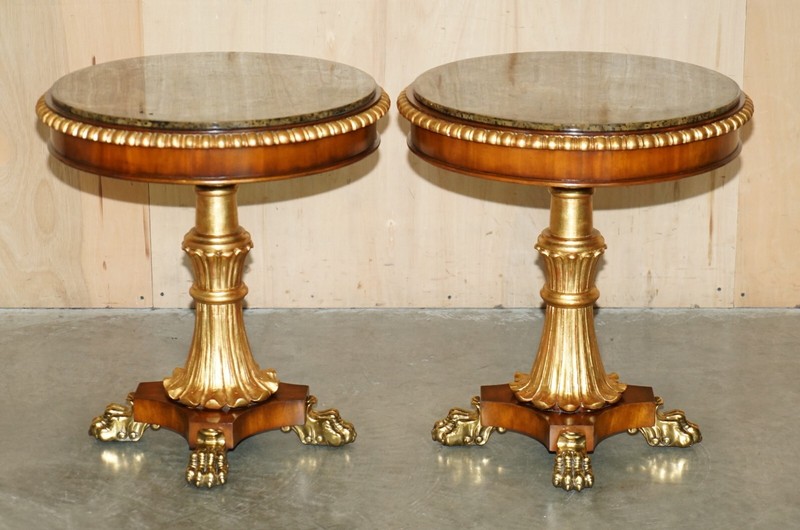 SUBLIME PAIR OF VINTAGE MARBLE TOPPED SIDE END TABLES SOLID BRASS LIONS PAW FEET gallery