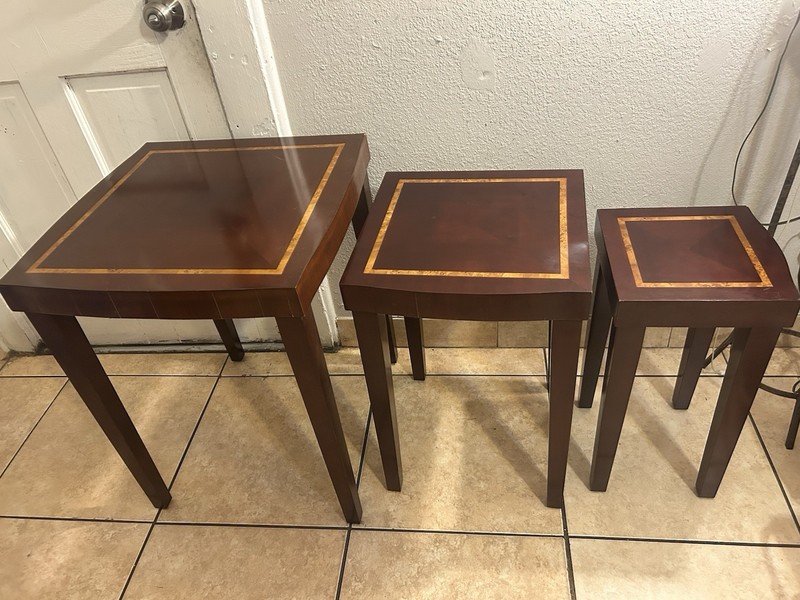 Vintage Solid Mahogany Inlaid Nesting Tables, Quality! Set Of 3 gallery
