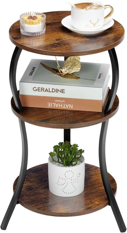Vintage Small Round Side Table, 3-Tier Storage for Elegant Spaces - Rustic Brown gallery