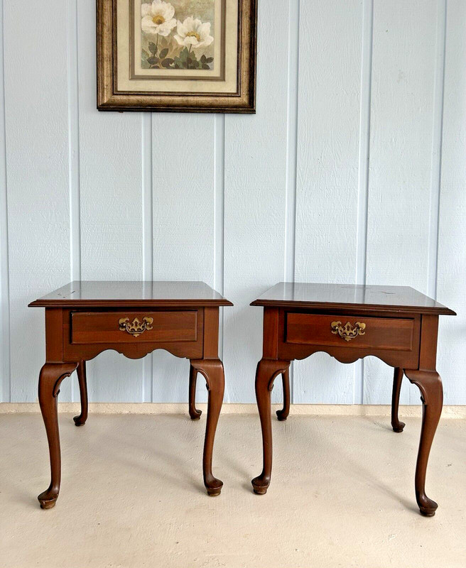 Pair ETHAN ALLEN Cherry Rectangle End/Side Tables-Vintage Nightstands W/ Drawer gallery