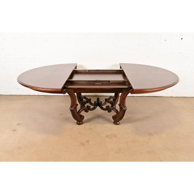 Henredon Italian Provincial Carved Walnut and Burl Wood Pedestal Dining Table gallery