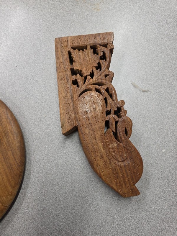 Hand Carved Inlaid Wood 2 Piece Ornate Table/Plant Stand- 11-1/2" dia & 12-1/2"T gallery
