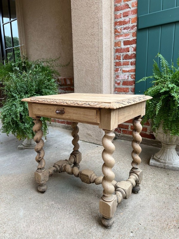 Antique French Side Table Barley Twist Bleached Carved Oak Nightstand Louis XIII gallery