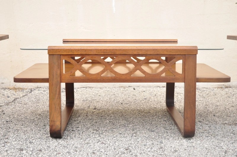 Vintage Mid Century Modern Mahogany & Glass Coffee Table & Pair End Table Set gallery