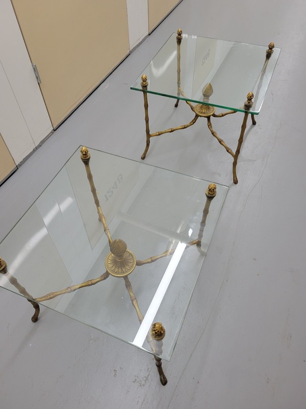 Pair Square Glass , Bronze Bagues Style Faux Bamboo table 1960