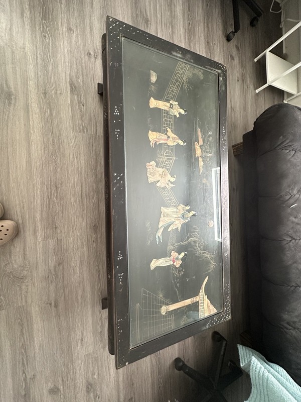 Vintage Black Lacquer Coffee Table - Mother of Pearl Inlay Hand-Painted Oriental gallery