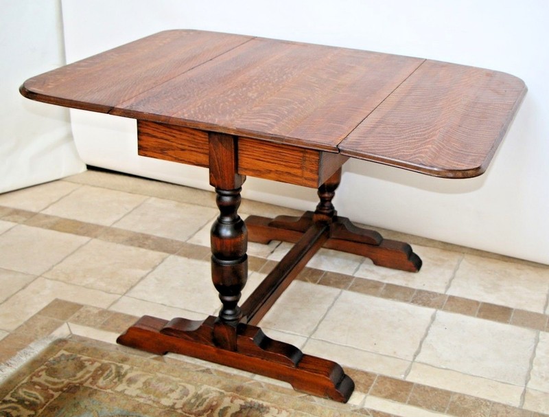 Antique English Pub Table Solid Tiger Oak Drop side Leaf Kitchen Game Seats six gallery