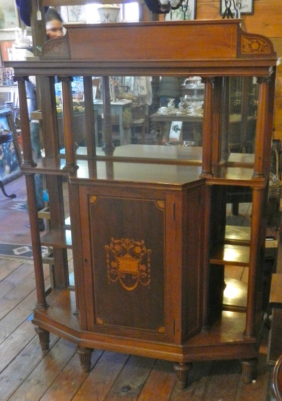 UNUSUAL 19TH CENT. INLAID CHERRY ETAGERE WITH MIRRORED BACKS, COLUMNS & STORAGE