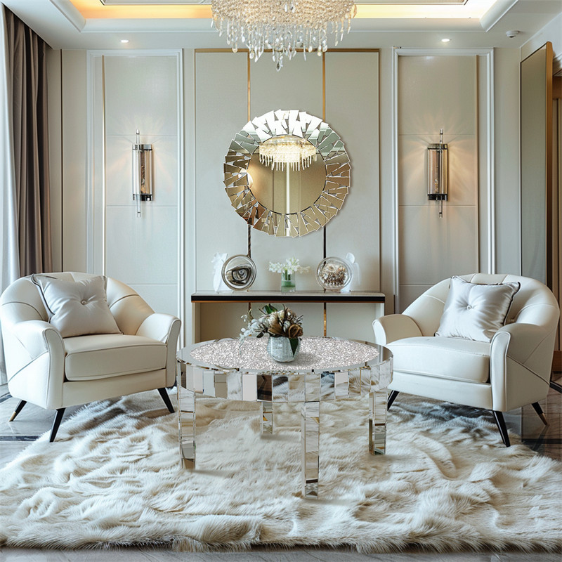 Luxurious Round Mirrored Crush Crystal Diamond Coffee Table for Living Room 80cm gallery