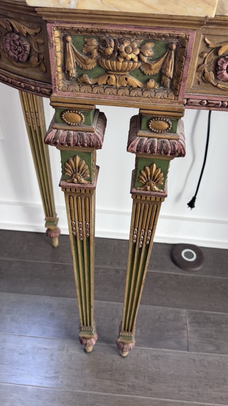 Antique Louis XVI Style Console Table, marble top over an ornate giltwood frame gallery