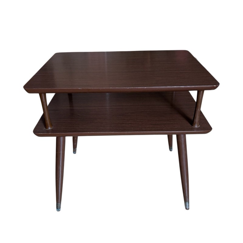 Vintage MCM Walnut Laminate 2 Tier End Table Tapered Solid Wood Legs gallery