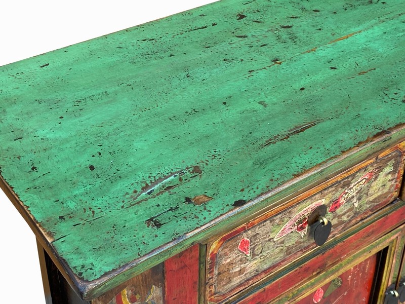 Chinese Distressed Red Green Flower Sideboard Credenza Cabinet cs7825 gallery