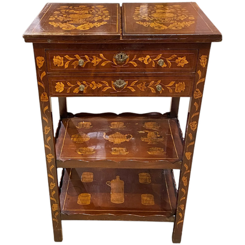 19th c Dutch Marquetry Inlaid Dressing Table in Mahogany and Fruitwood