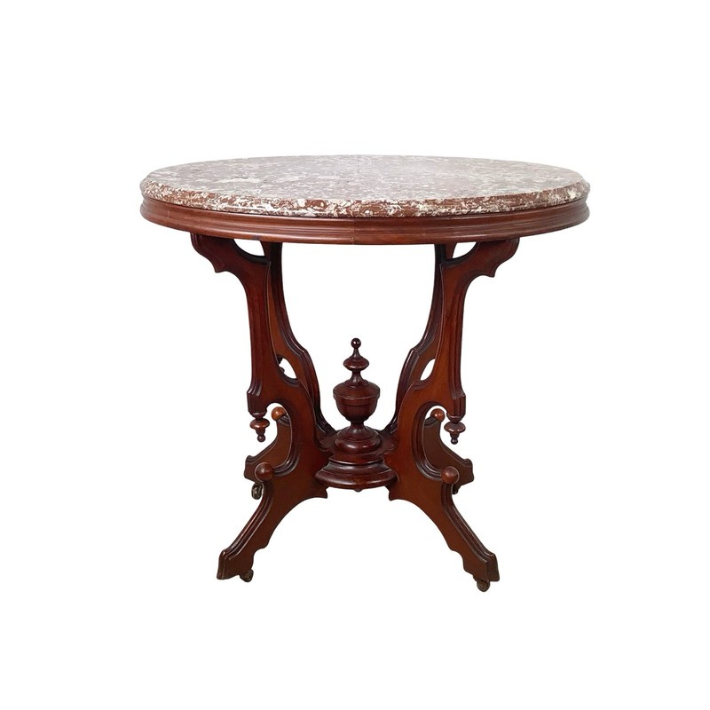 Victorian Revival Marble Top Accent Table Carved Parlor Center Table