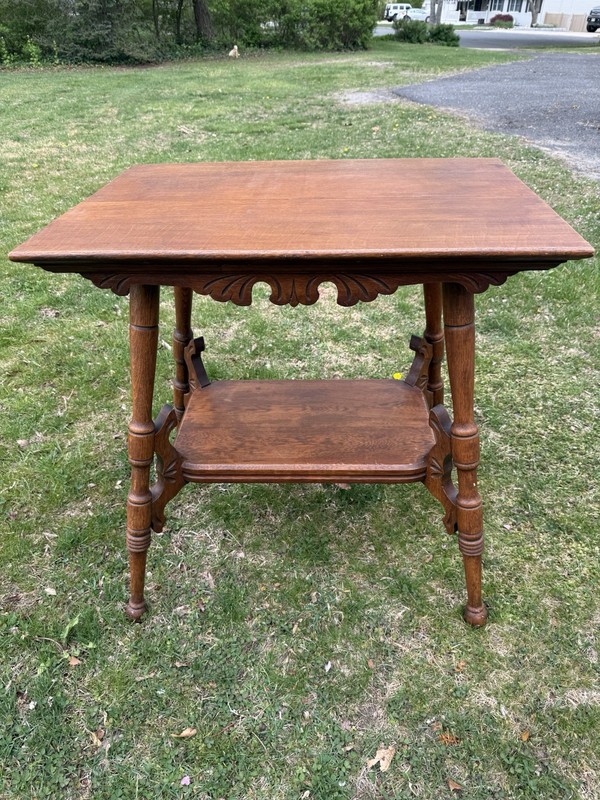 Antique Victorian 2-Tier Parlor Table ~ Nice Carved Oak Wood Apron & Brackets