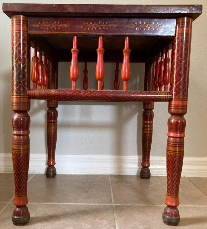 Vintage 18” Sankheda India Red and Gold End Table Lacquered Teak Marquetry Inlay
