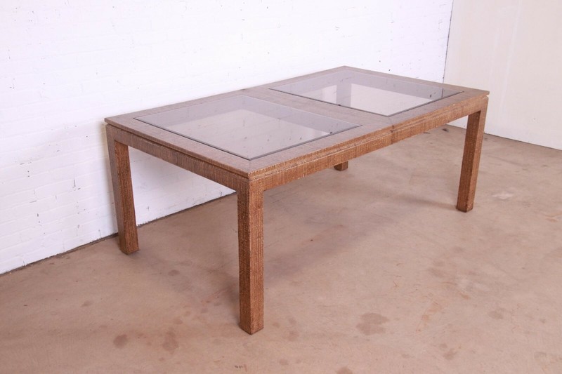 Karl Springer Attributed Mid-Century Lacquered Grasscloth Extension Dining Table gallery