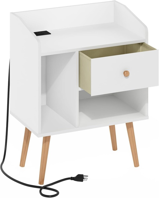 Claude Mid-Century End Table with Charging Station – White, Space-Saving Design gallery