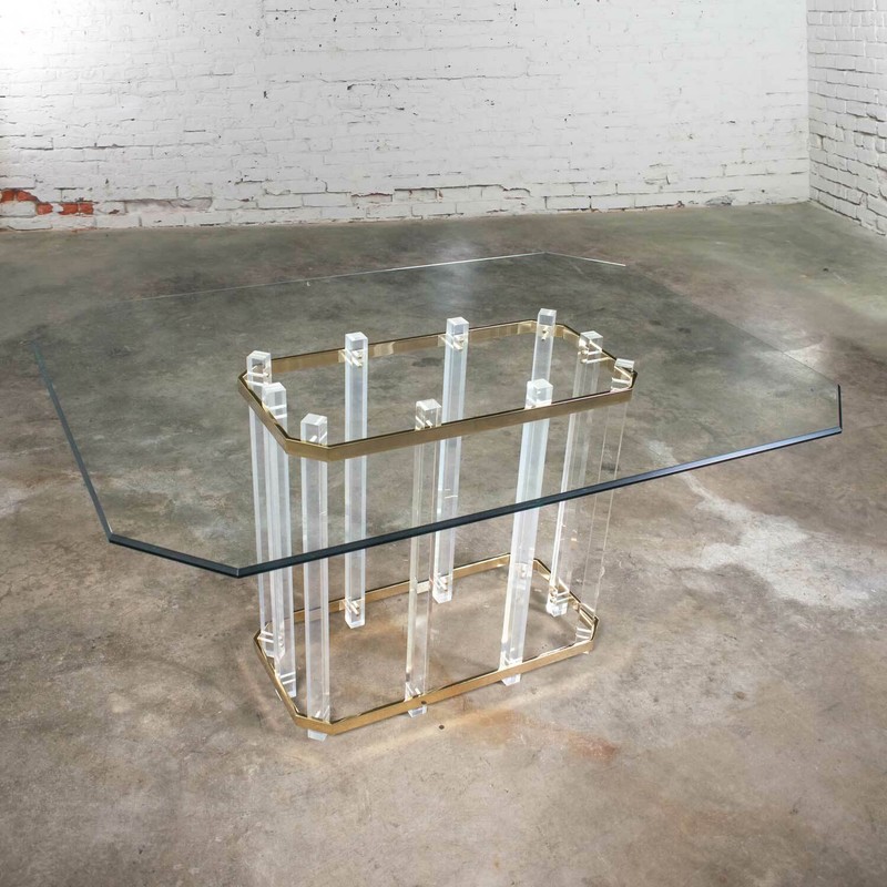 Hollywood Regency Glass Brass & Lucite Dining Table Style Charles Hollis Jones