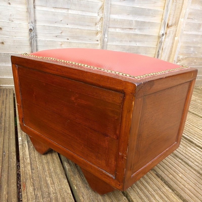 Antique Leather-Topped Oak Wood Chest Table Seat Storage Drawer Brass Handle gallery