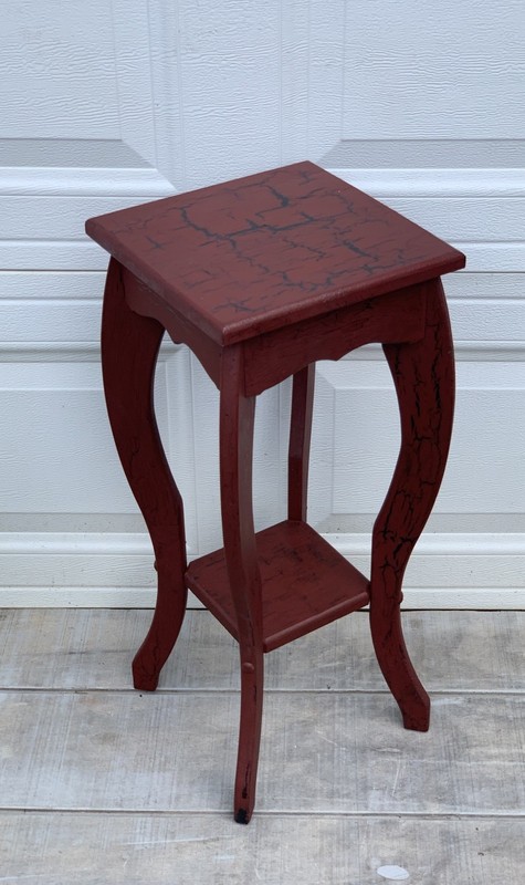 Vintage Red Distressed Crackle Paint Accent Side Table w/Curved Legs Plant Stand