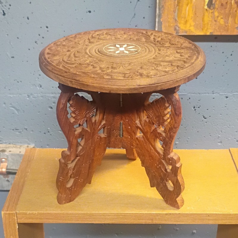 Antique Round Carved Wood Accent Table Brown 10in H x 10in L x 8in W