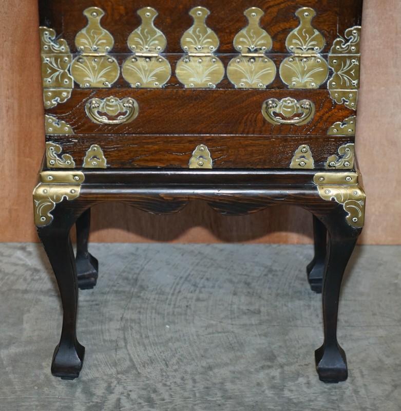 ANTIQUE JAPANESE 1880 ELM SIDE TABLE ON STAND WITH ORNATE CAST BRASS FIXTURES gallery