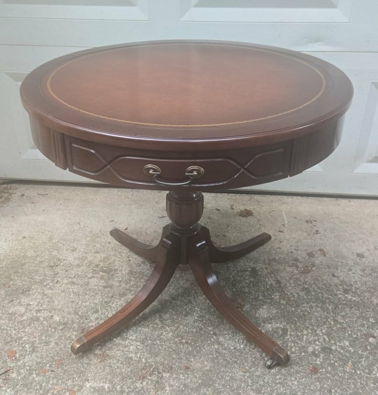 Vintage / Antique Mahogany leather top drum / Lamp table brass, Drawer & Wheels